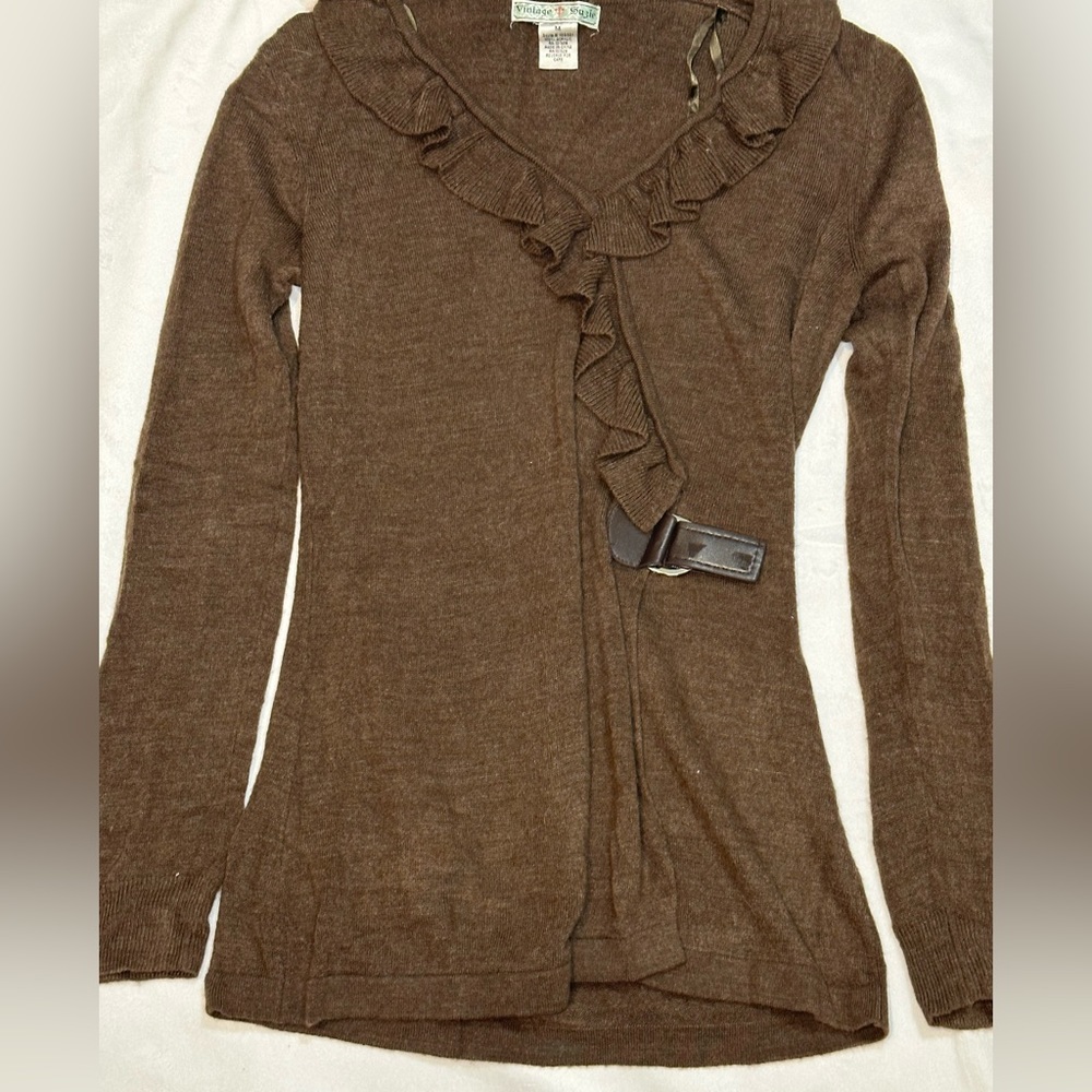 Vintage‎ Suzie Top Ruffle V Neck Brown Buckle Waist Detail Size M